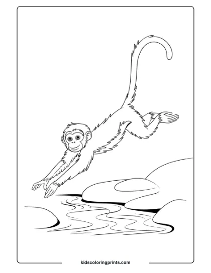 This Coloring Page Captures A Young Monkey Jumping Over A Stream With A Playful Expression And Energetic Pose.