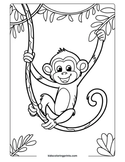 Jungle-Themed Coloring Page Featuring A Playful Monkey Swinging On A Branch Surrounded By Tropical Leaves.