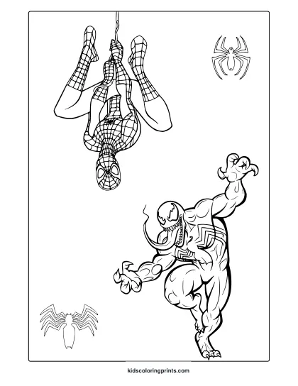 Spider-Man And Venom Coloring Page With Dynamic Action Poses And Bold Comic Outlines Ready To Be Colored.