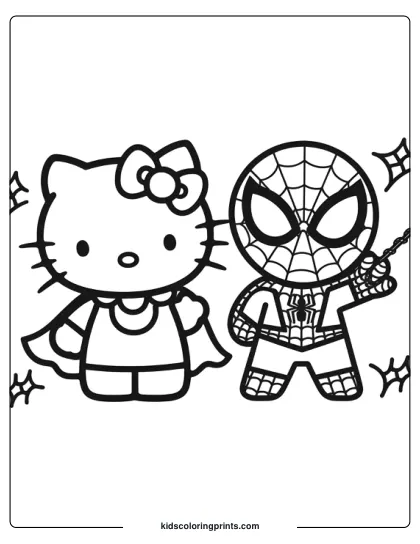Hello Kitty And Spiderman Coloring Page