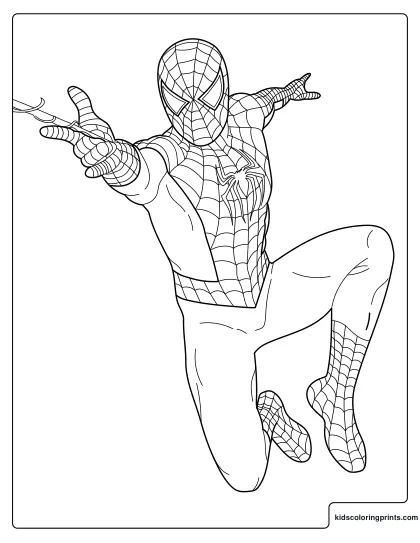 Spiderman Coloring Page Showing Spiderman Leaping Forward While Shooting A Web.