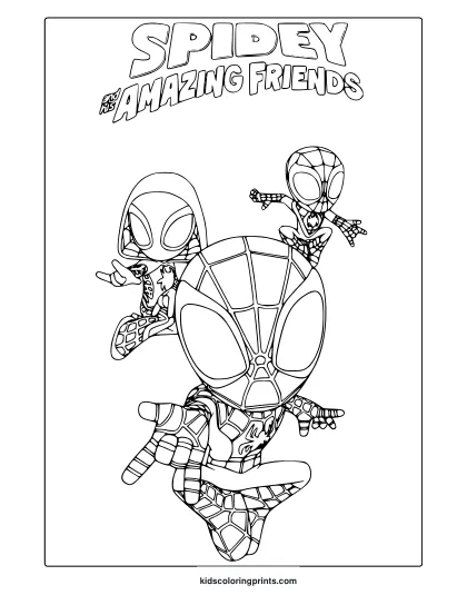 Spider-Man Coloring Page Featuring Spidey And His Amazing Friends In A Fun Action Pose.