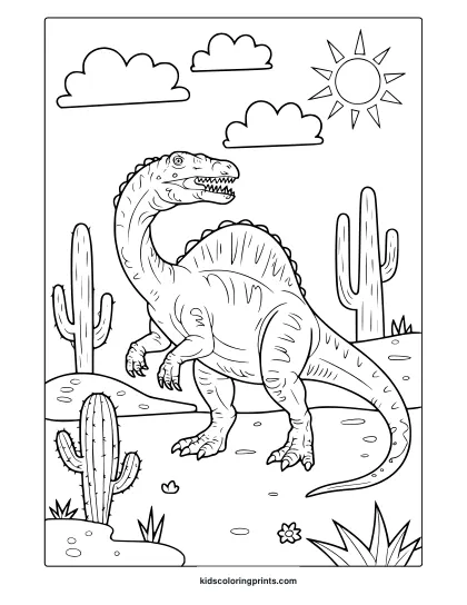A Spinosaurus In A Desert Scene With Cacti Is Shown In This Anatomically Detailed Dinosaur Coloring Page.