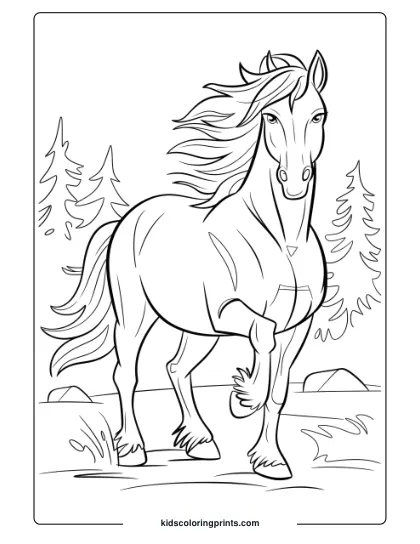 A Spirited Horse In The Wilderness, Capturing Adventure For A Dynamic Coloring Page.