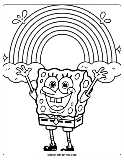 Spongebob Creates A Beautiful Rainbow With His Hands In This Uplifting And Colorful Coloring Page.