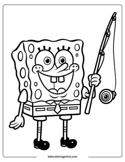 Spongebob Is Ready To Fish With His Rod In This Fun And Adventurous Coloring Page.