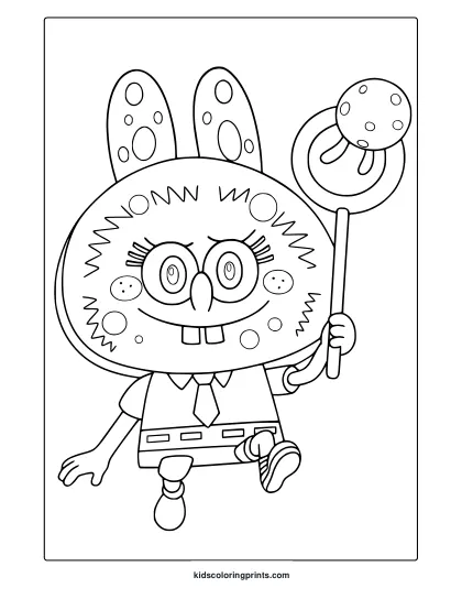 Spongebob-Inspired Labubu With Bunny Ears And Lollipop In A Quirky Coloring Page.