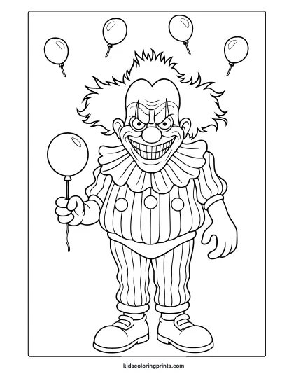 Spooky Halloween Clown Coloring Page With Scary Harlequin Clown, Striped Costume And Floating Balloons.