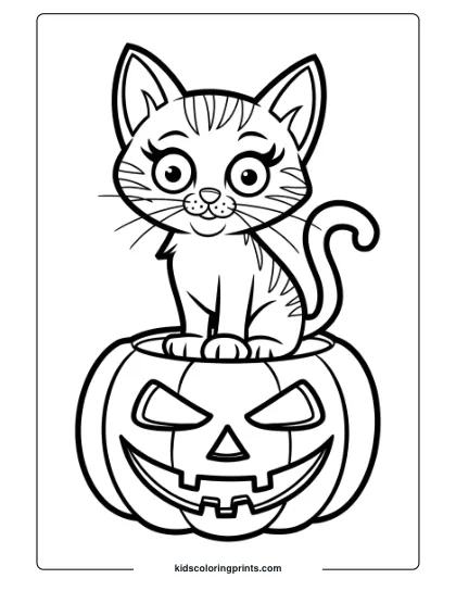 A Spooky Kitten On A Haunted Pumpkin, Perfect For A Halloween-Themed Coloring Page.