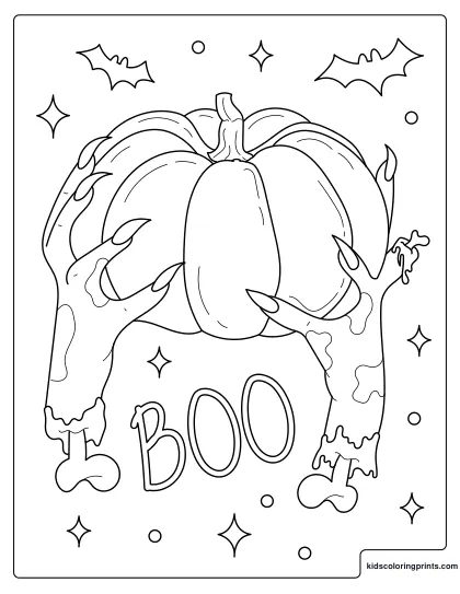 Halloween Coloring Page Featuring A Pumpkin Grabbed By Creepy Zombie Hands.