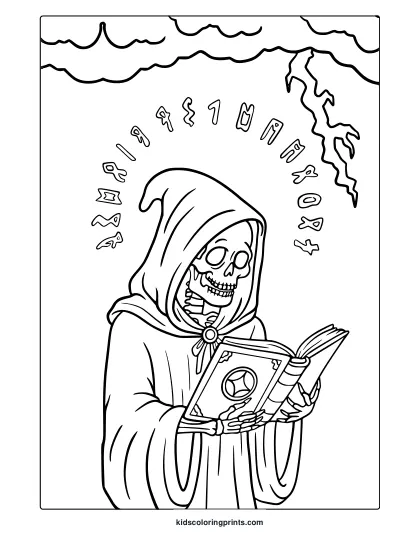 Spooky Skeleton Coloring Page With Cloaked Skeleton, Open Book, Lightning And Mystical Runes Above.