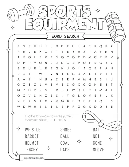 Free Printable Sports Equipment Word Search Puzzle With 12 Items From Ball To Glove.