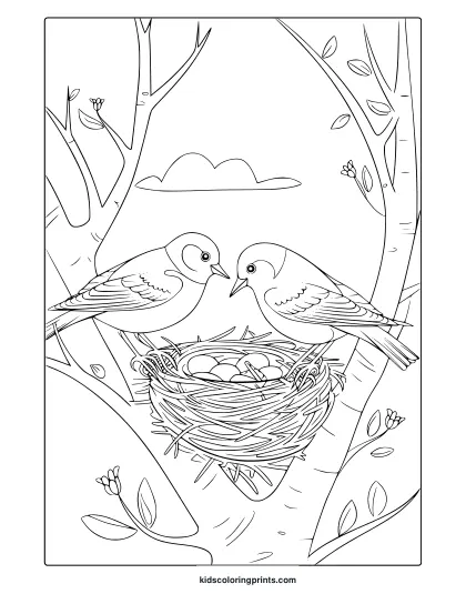 A Bird-Themed March Coloring Page With Two Birds Near Their Nest, A Tree Branch, And A Peaceful Outdoor Setting.