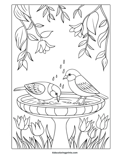 Spring Birds Coloring Page With Two Birds On A Birdbath, Set In A Floral Garden, Perfect For A Calming And Creative Coloring Session.