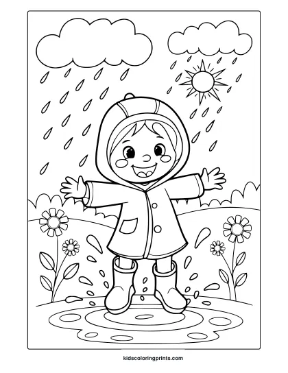 Spring Break Coloring Page With A Happy Child In A Raincoat Enjoying A Rainy Day, Ideal For A Fun Coloring Session.