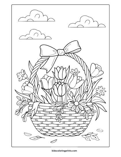 A Spring-Themed Coloring Page Featuring A Flower Basket With Tulips And A Bow, Great For Relaxing And Creative Coloring.