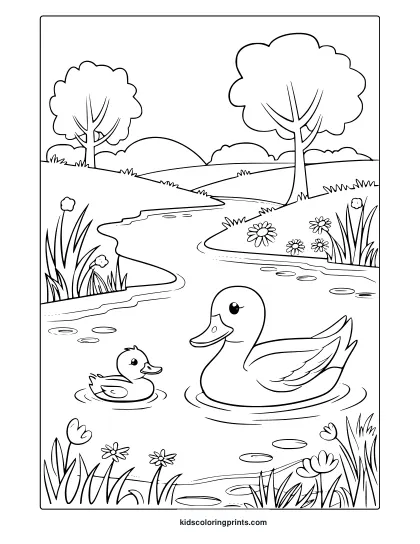 Spring Coloring Page Featuring A Mother Duck And Duckling In A Pond With Flowers And Trees, Ideal For A Calming Coloring Activity.