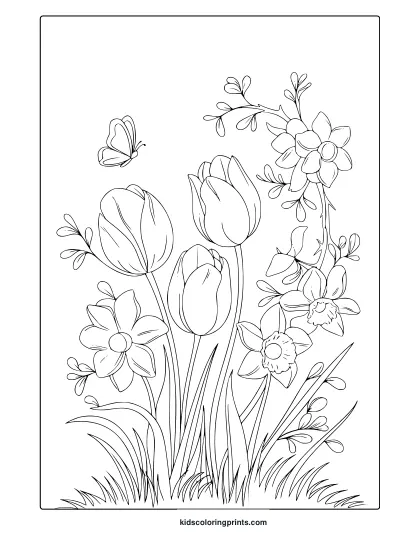 Spring Coloring Page Featuring A Bouquet Of Tulips And Flowers With A Butterfly, Ideal For A Fun And Relaxing Coloring Activity.