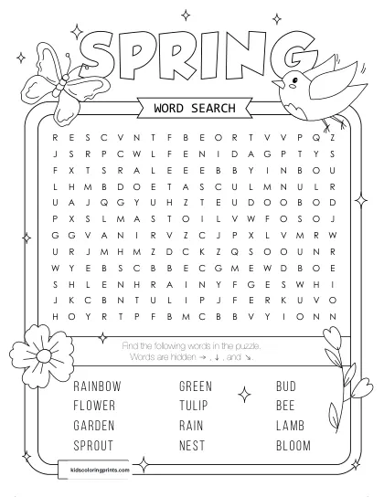Free Printable Spring Word Search Puzzle With 12 Words From Rain To Flower.