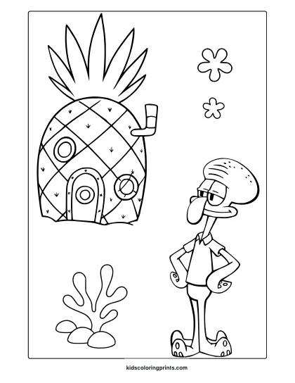 Squidward Stands Near The Pineapple House In This Spongebob-Themed Underwater Coloring Page.