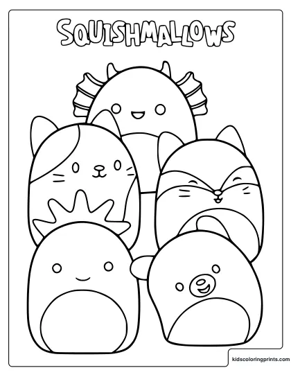 Squishmallow Characters Coloring Page With Multiple Characters.