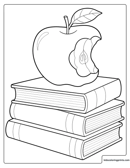 Bitten Apple On Books Coloring Page.