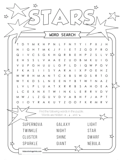 Free Printable Stars Word Search Puzzle With 12 Words From Star To Nebula.