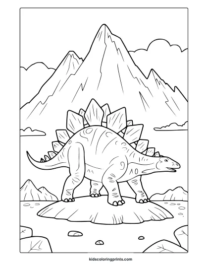 A Bold Stegosaurus In A Mountain Scene Appears In This Prehistoric-Themed Dinosaur Coloring Page With Clear Outlines.