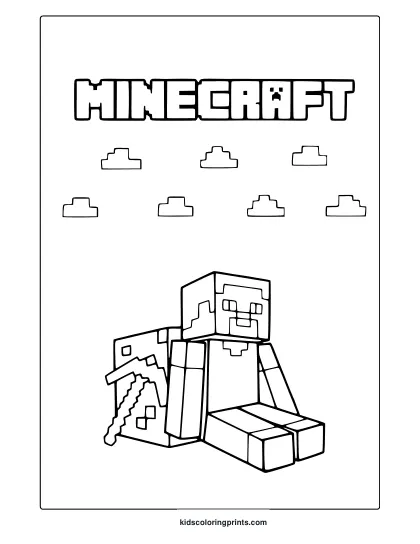 Steve And His Pickaxe Coloring Page Featuring Blocky Elements, Helmet, And Bold Minecraft Art Style.