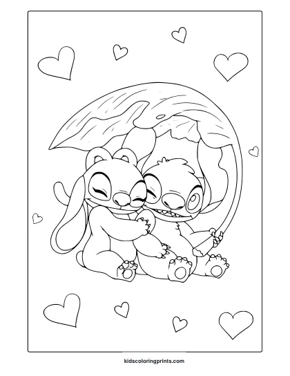 Stitch And Angel Cuddling Under A Leaf Coloring Page With Heart Decorations And A Cute, Simple Cartoon Style.
