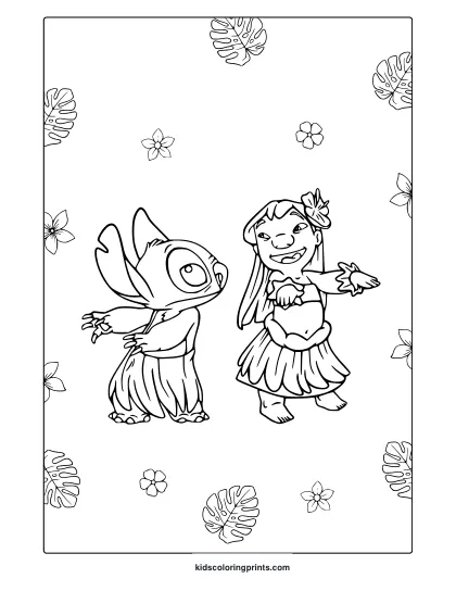 Stitch And Lilo Hula Dancing Coloring Page With Tropical Monstera Leaves And Plumeria Flowers On A White Background.