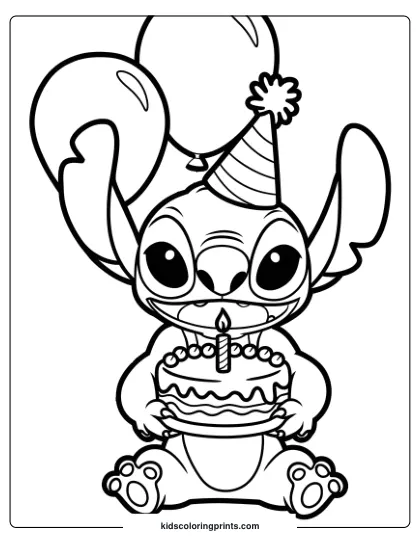Stitch, With A Birthday Hat And Cake, Celebrates In This Fun Birthday Coloring Page.