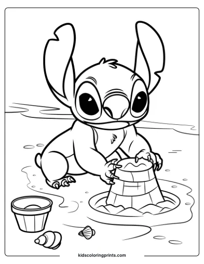 Stitch Is Building A Sandcastle On The Beach In This Playful Coloring Page.