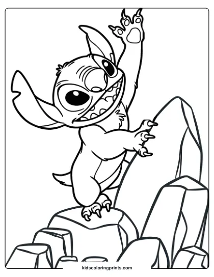 Stitch Is Climbing Rocks With A Curious Expression In This Adventurous Coloring Page.