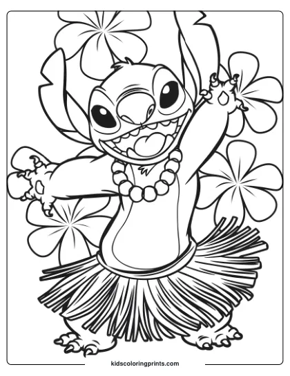 Stitch Dances In A Hula Skirt Surrounded By Flowers In This Festive Coloring Page.