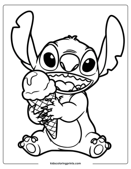 Stitch Is Enjoying An Ice Cream Cone In This Sweet, Playful Coloring Page.