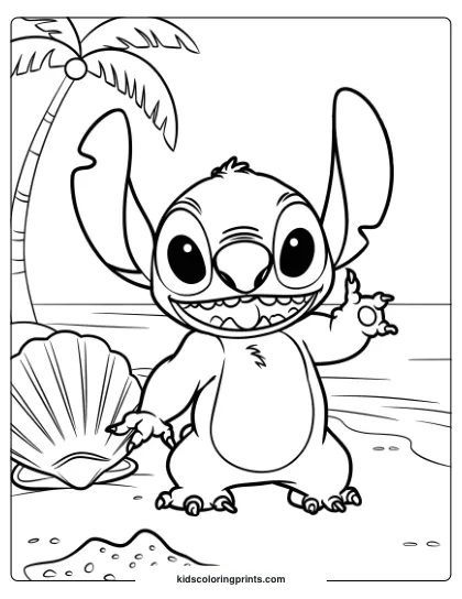 Stitch Explores A Beach With Seashells And Palm Trees In This Tropical Coloring Page.