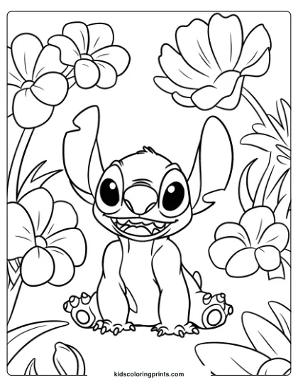 Stitch Is Surrounded By Vibrant Tropical Flowers In This Cheerful Coloring Page.