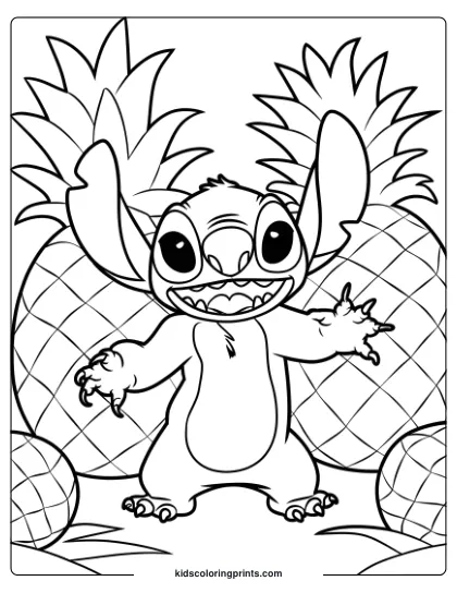Stitch Is Surrounded By Pineapples In This Playful Tropical Coloring Page.