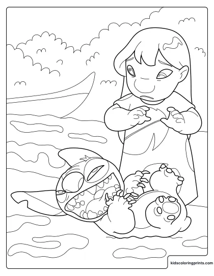 Lilo And Stitch Coloring Page Laughing Together Near The Water