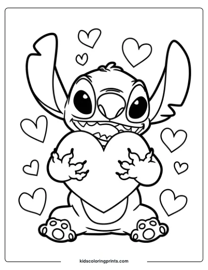 Stitch Is Holding A Heart Surrounded By Smaller Hearts In This Love-Themed Coloring Page.