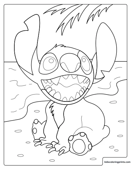 Stitch Coloring Page Showing Stitch Sitting Happily On Sandy Beach With Ocean Waves.