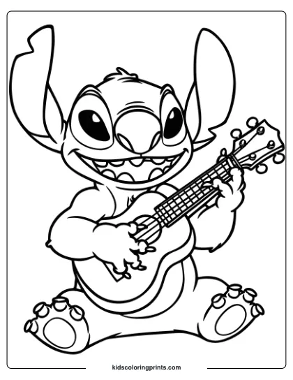 Stitch Is Playing A Ukulele With A Joyful Expression In This Musical Coloring Page.
