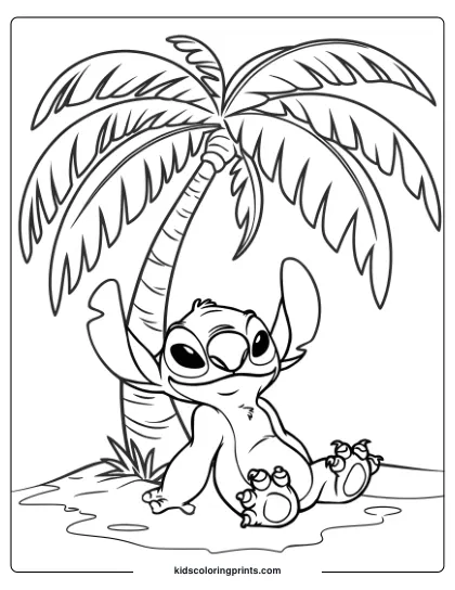 Stitch Relaxes Under A Palm Tree On The Beach In This Calm Coloring Page.