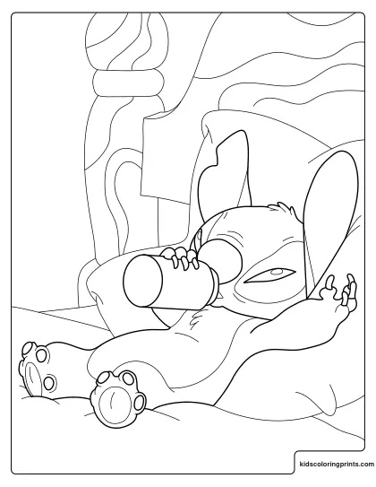 Stitch Coloring Page Resting In Bed While Drinking From A Bottle