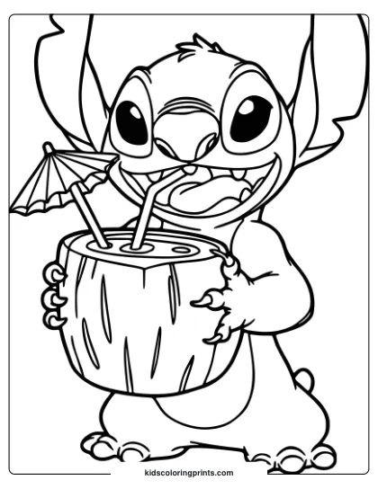 Stitch Is Sipping A Coconut Drink In This Relaxing Tropical Coloring Page.