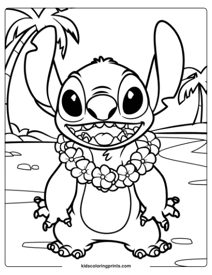 Stitch Wears A Flower Lei While Standing On A Tropical Island In This Coloring Page.