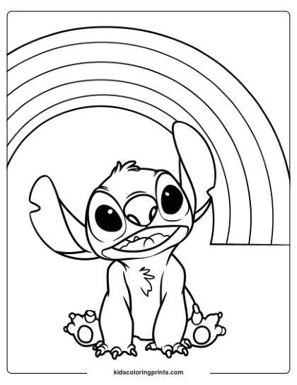 Stitch Sits Under A Rainbow With A Happy Expression In This Colorful Coloring Page.