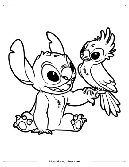 Stitch Is Holding A Tropical Bird On His Hand In This Cute Nature-Themed Coloring Page.
