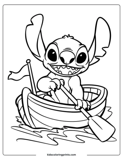 Stitch Is Paddling A Boat On Calm Waters In This Peaceful Boat Adventure Coloring Page.
